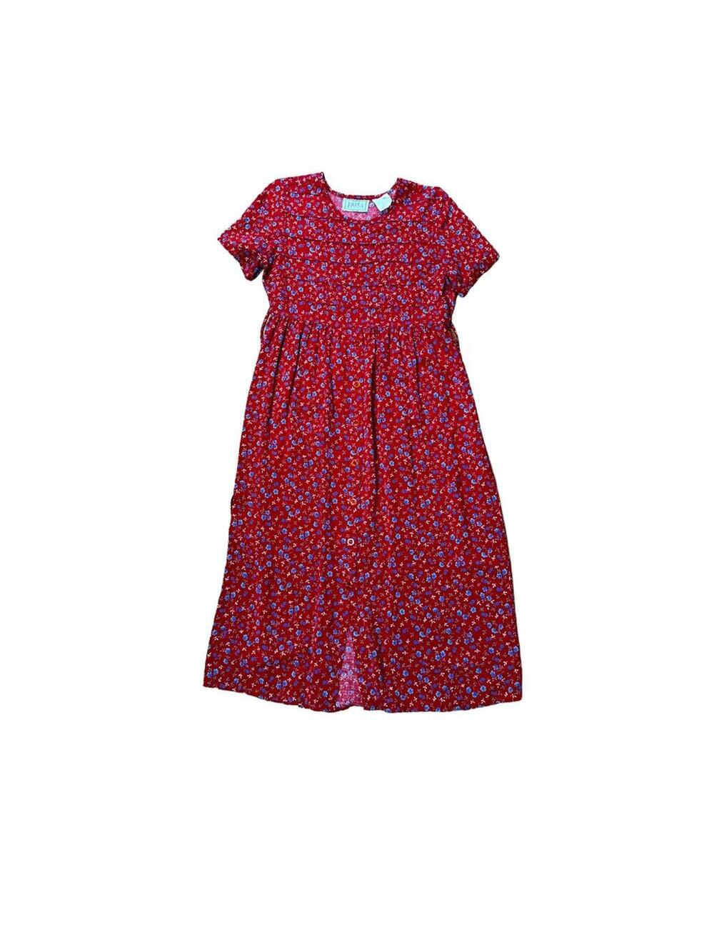 Vintage Erika‎ Red Blue Floral Smocked Yoke Button Front Short Sleeve Midi Dress